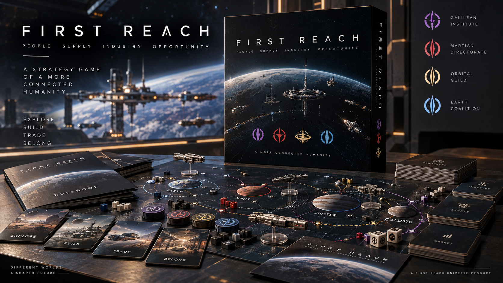 First Reach board game components and spacecraft miniatures