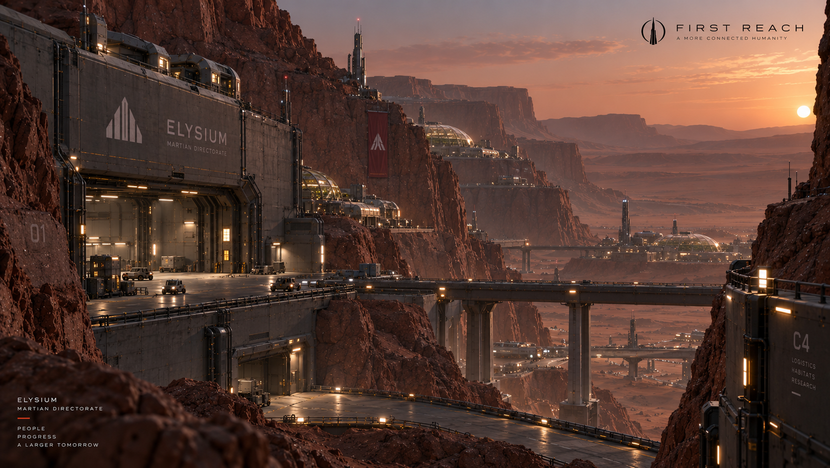Elysium settlement built into Martian canyon terrain