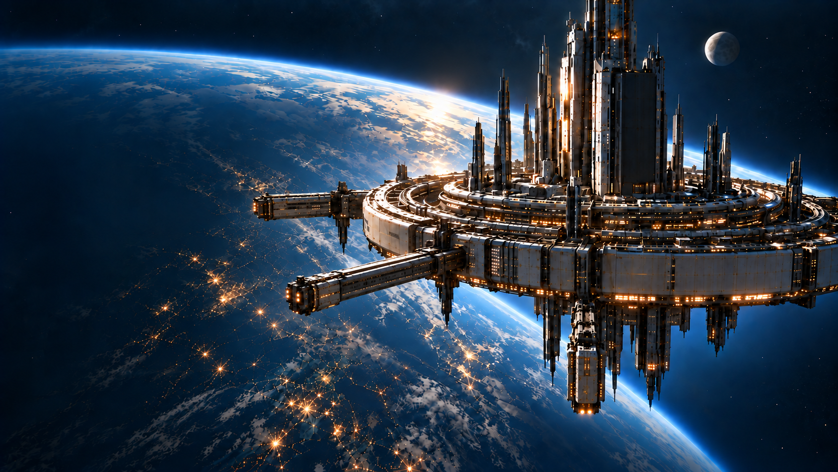 Port Meridian orbital settlement above Earth